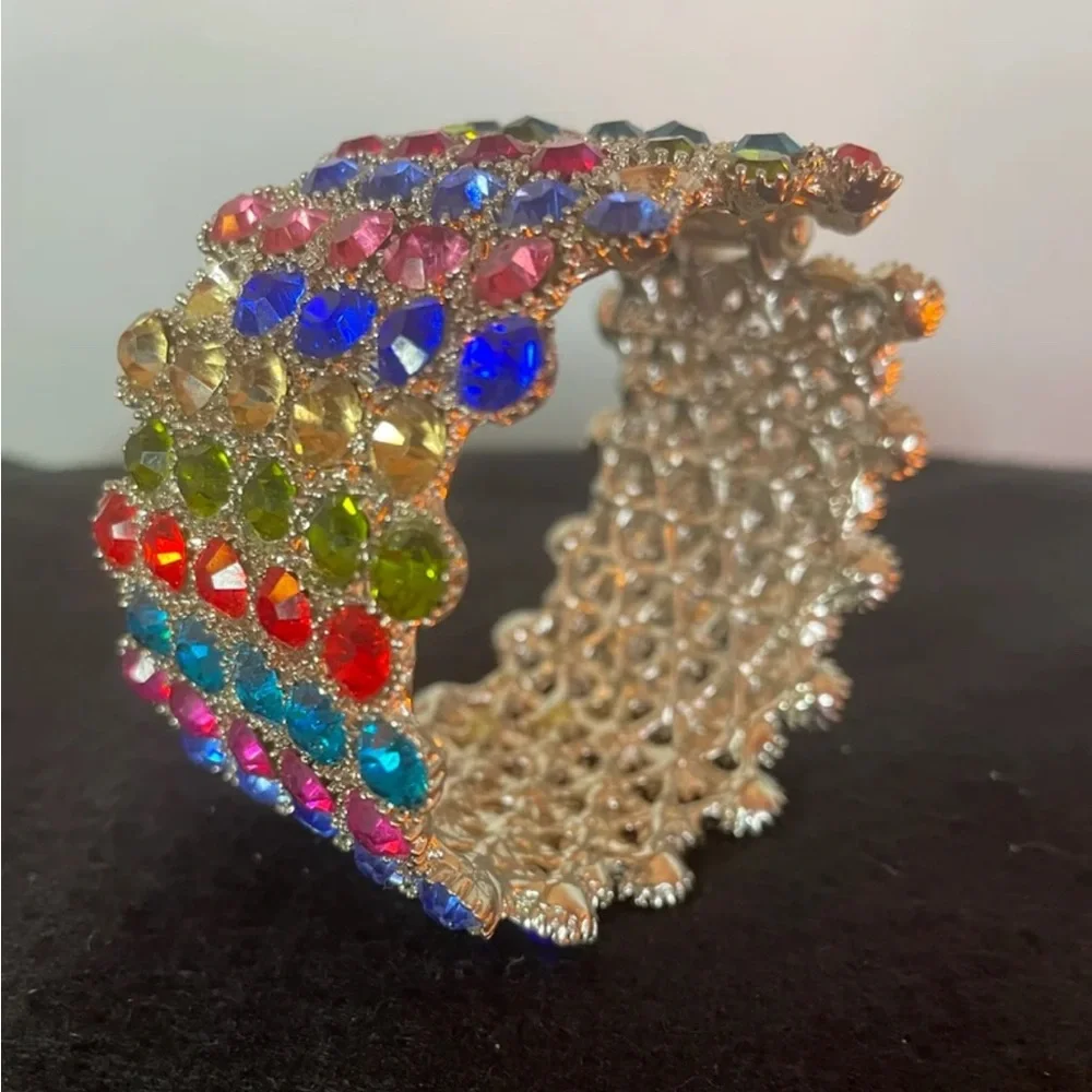 Wide Spring-Hinged Rhinestone Bangle Bracelet Muliti-Color Bling Colorful